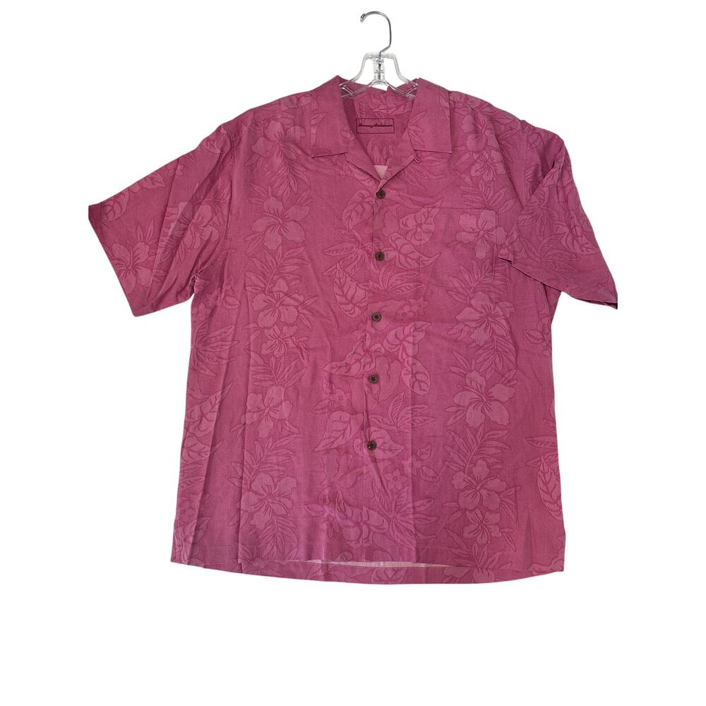 Tommy Bahama Size L 100% silk short-sleeve button-down shirt Pink Hawaiian Beach